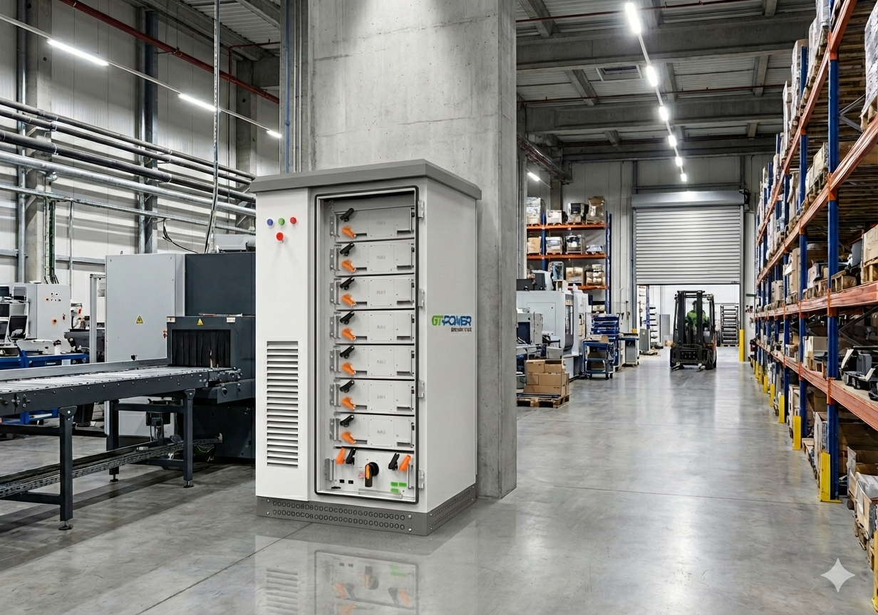 Commercial battery cabinets inside an industrial facility