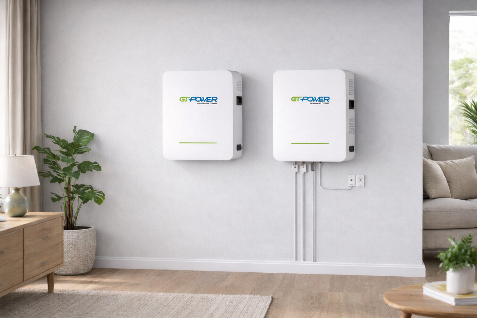 GT-Power residential wall-mounted batteries in a modern home