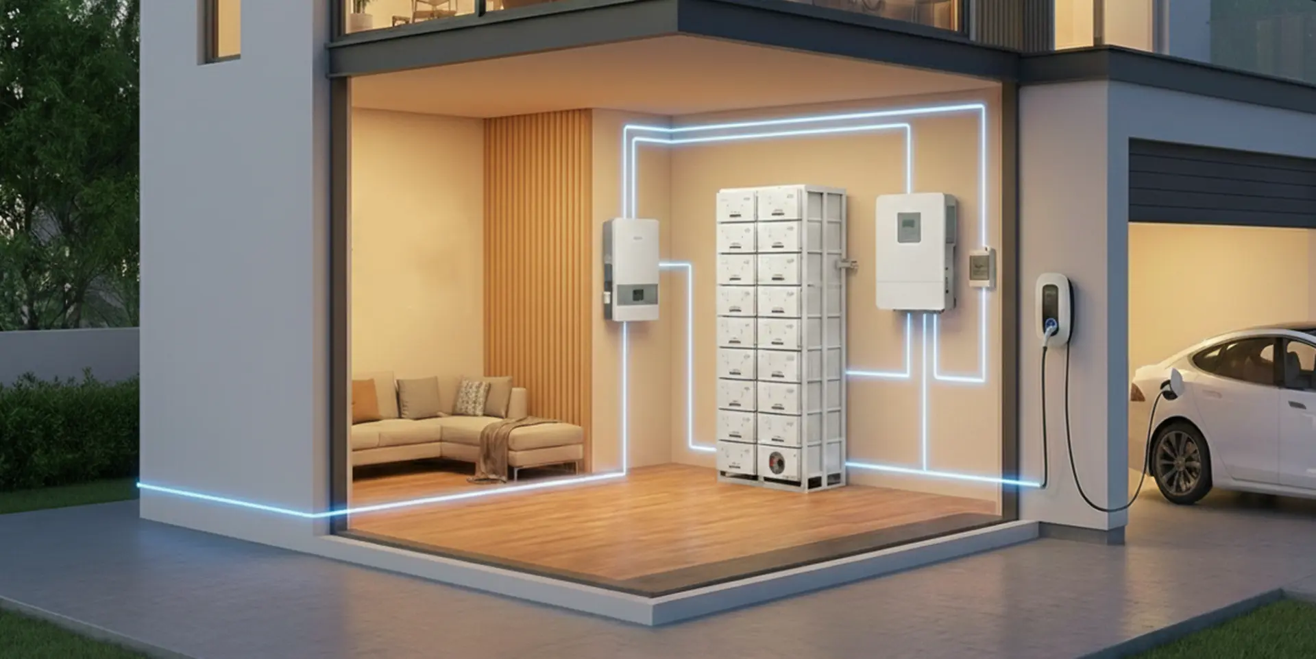 Modern home with GT-Power energy storage, inverter and EV charger connected